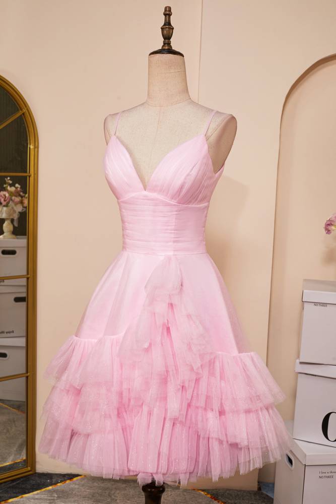 Blushing Pink Spaghetti Straps A-Line Tulle Homecoming Dresses with Ruffles