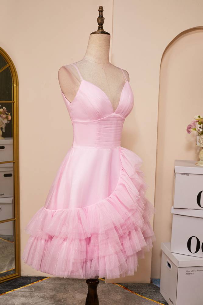 Blushing Pink Spaghetti Straps A-Line Tulle Homecoming Dresses with Ruffles