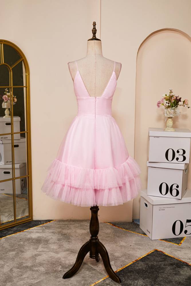 Blushing Pink Spaghetti Straps A-Line Tulle Homecoming Dresses with Ruffles