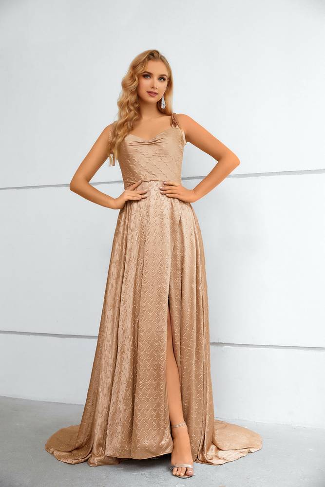 A-Line Cowl Neck Satin Long Formal Dresses with Slit