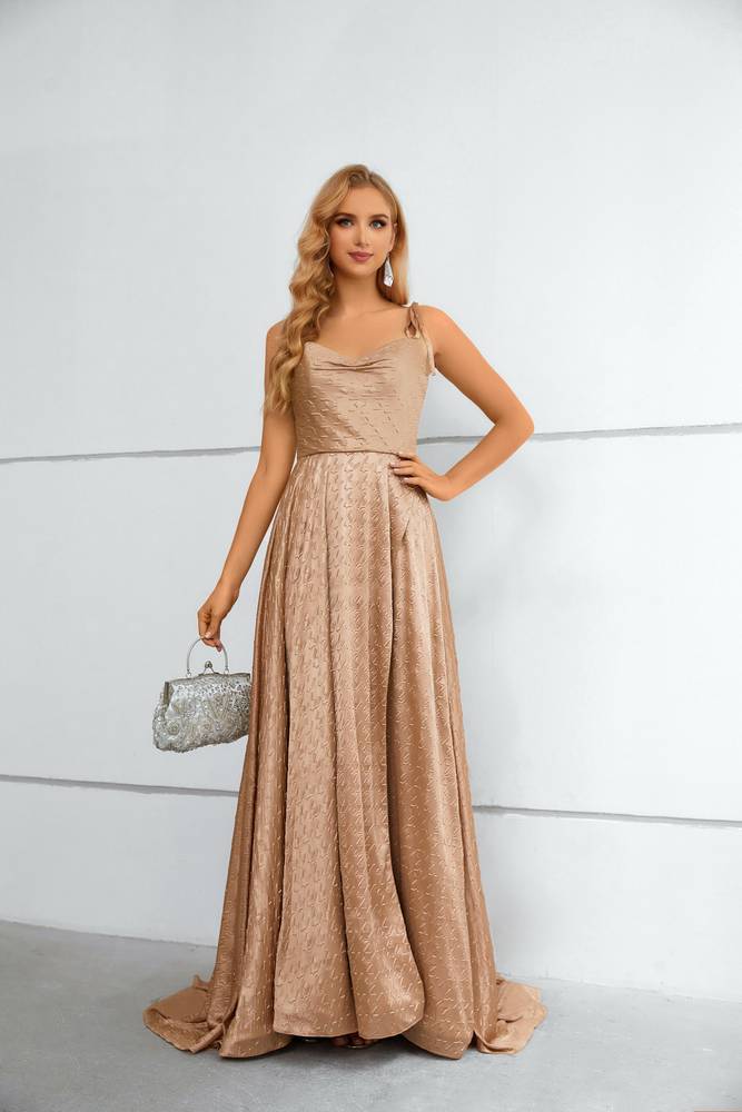 A-Line Cowl Neck Satin Long Formal Dresses with Slit