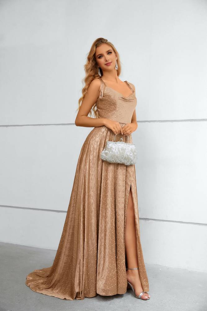 A-Line Cowl Neck Satin Long Formal Dresses with Slit