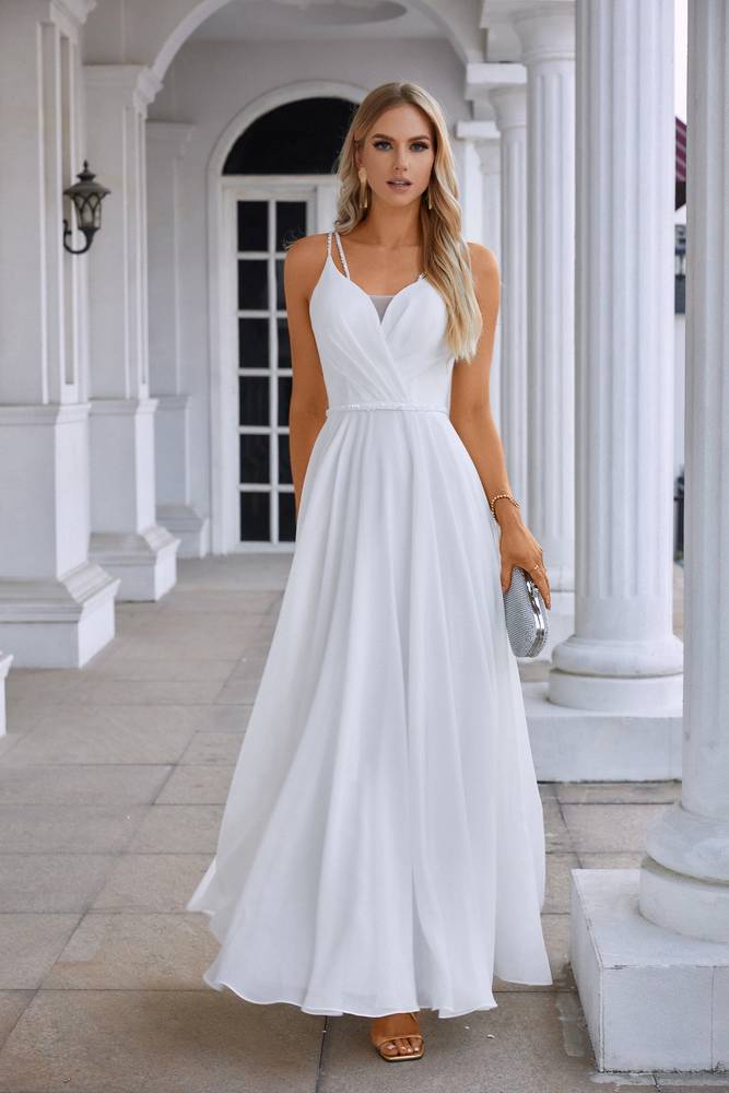 White A-Line Spaghetti Straps Chiffon Formal Dresses