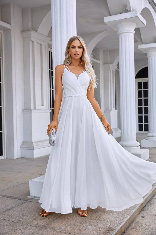 White A-Line Spaghetti Straps Chiffon Formal Dresses