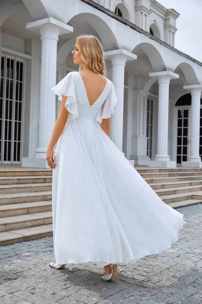 White Ankle-Length A-Line V-Neck Chiffon Formal Dresses