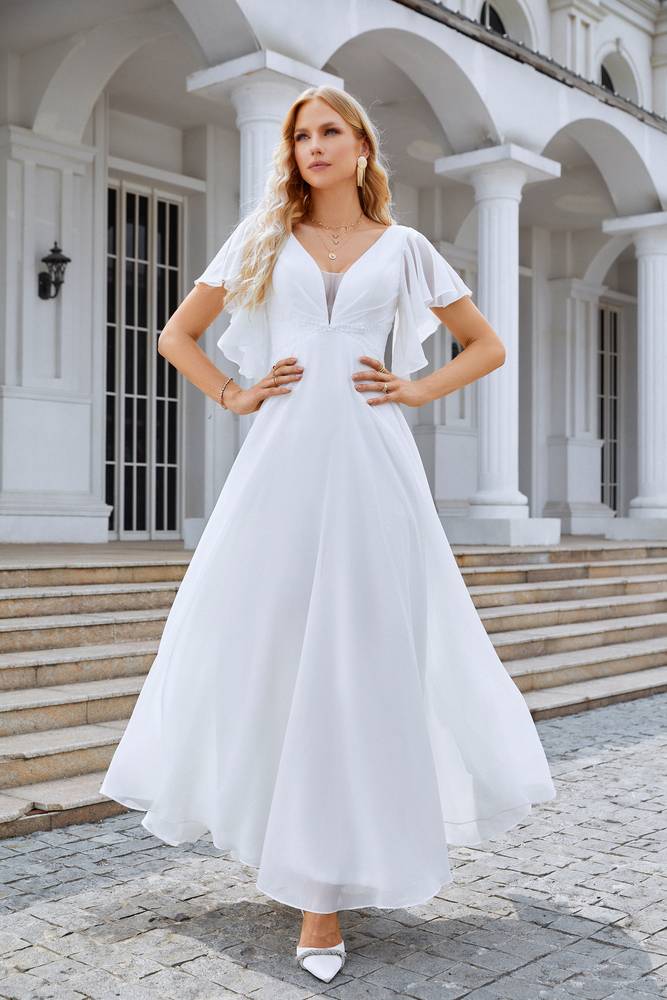 White Ankle-Length A-Line V-Neck Chiffon Formal Dresses