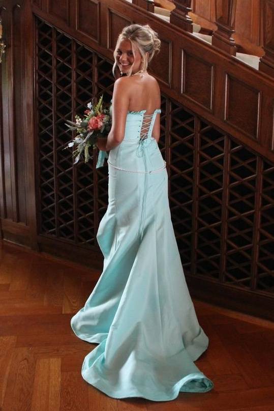 Beautiful Strapless Mermaid Satin Formal Prom Dresses with Slit