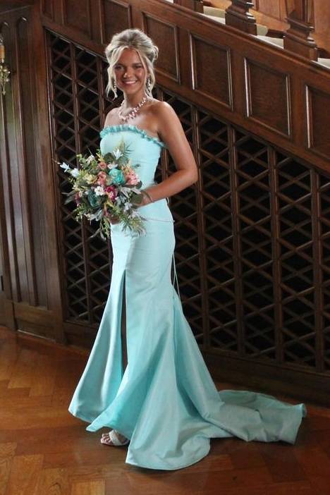 Beautiful Strapless Mermaid Satin Formal Prom Dresses with Slit