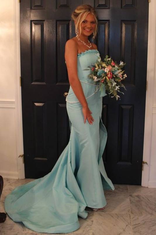 Beautiful Strapless Mermaid Satin Formal Prom Dresses with Slit