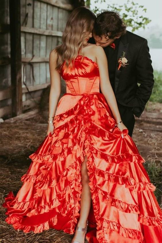 Red Halter Backless A-Line Satin Prom Evening Dresses with Slit