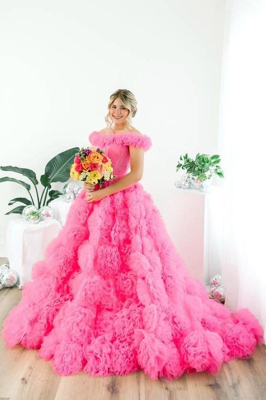 Glamorous Off-The-Shoulder A-Line Tulle Party Formal Dresses with Handmade Flowers