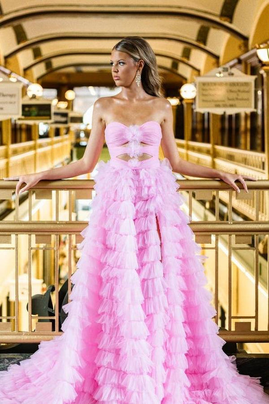 Pink Tiered Strapless Tulle A-Line Party Prom Dresses with Slit