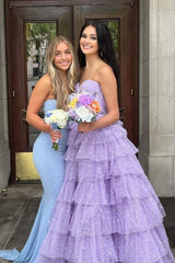 Lavender Strapless Tiered A-Line Tulle Formal Prom Dresses with Beads