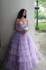 Lavender Strapless Tiered A-Line Tulle Formal Prom Dresses with Beads