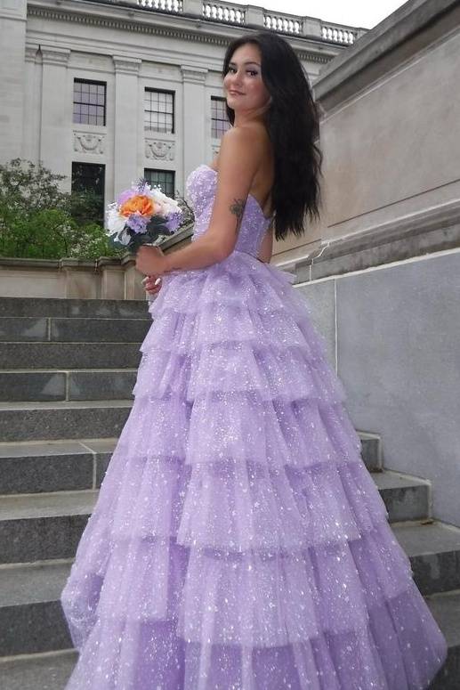 Lavender Strapless Tiered A-Line Tulle Formal Prom Dresses with Beads