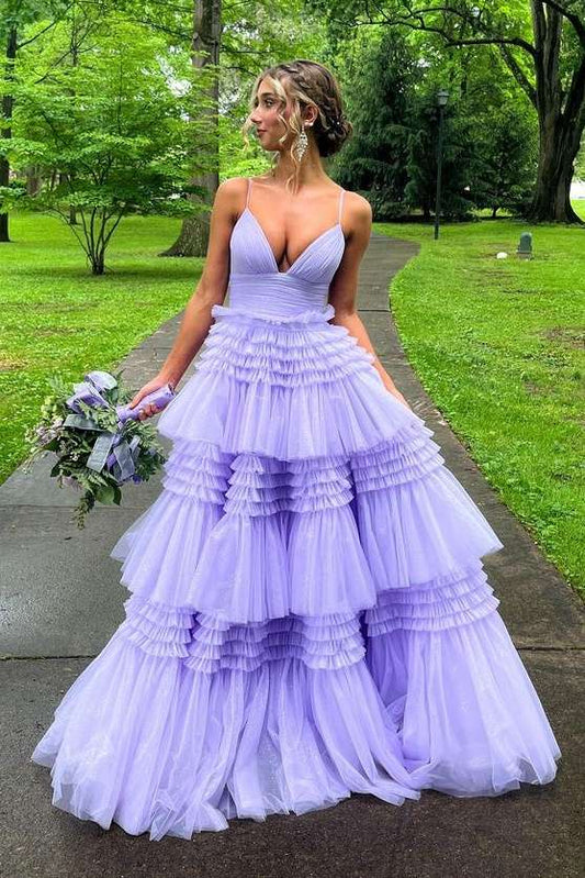 Lavender V-Neck Tiered A-Line Tulle Long Prom Dresses