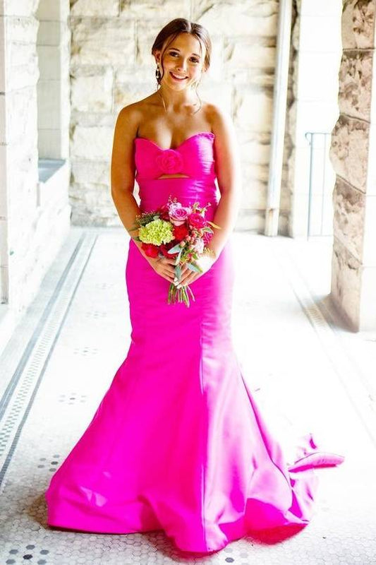 Fuchsia Strapless Mermaid Satin Long Party Dresses