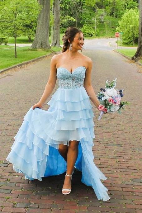 Sky Blue Tiered A-Line Chiffon Formal Prom Dresses with Appliques