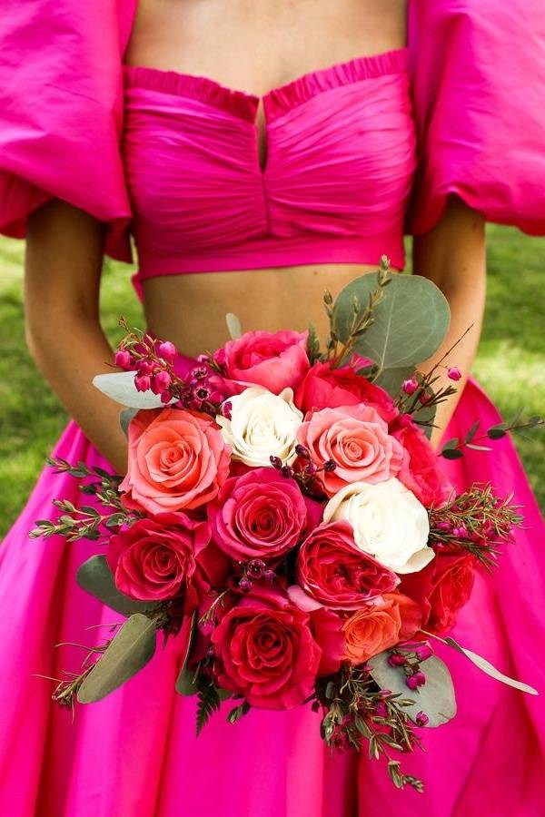 Fuchsia Two-Piece Short Sleeves A-Line Satin Prom Dresses with Slit