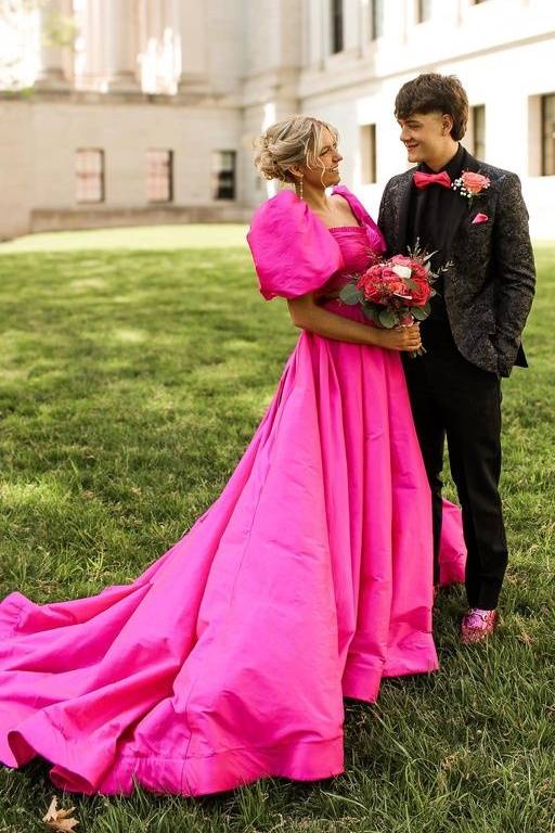 Fuchsia Two-Piece Short Sleeves A-Line Satin Prom Dresses with Slit