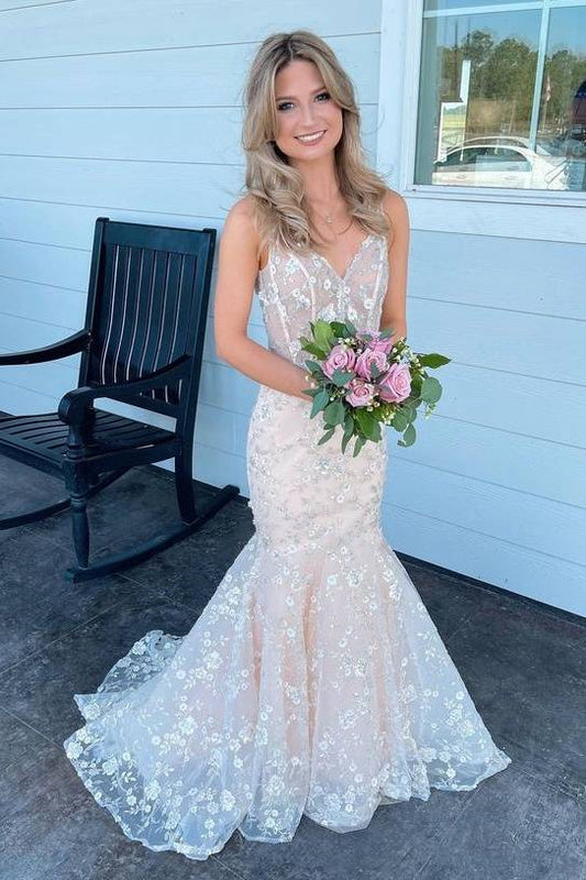 Pearl Pink Elegant V-Neck Sleeveless Mermaid Lace Party Prom Dresses