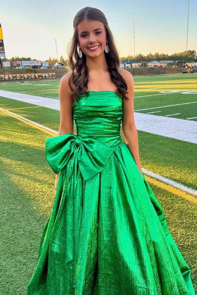 Emerald Strapless A-Line Party Prom Dresses with Bow