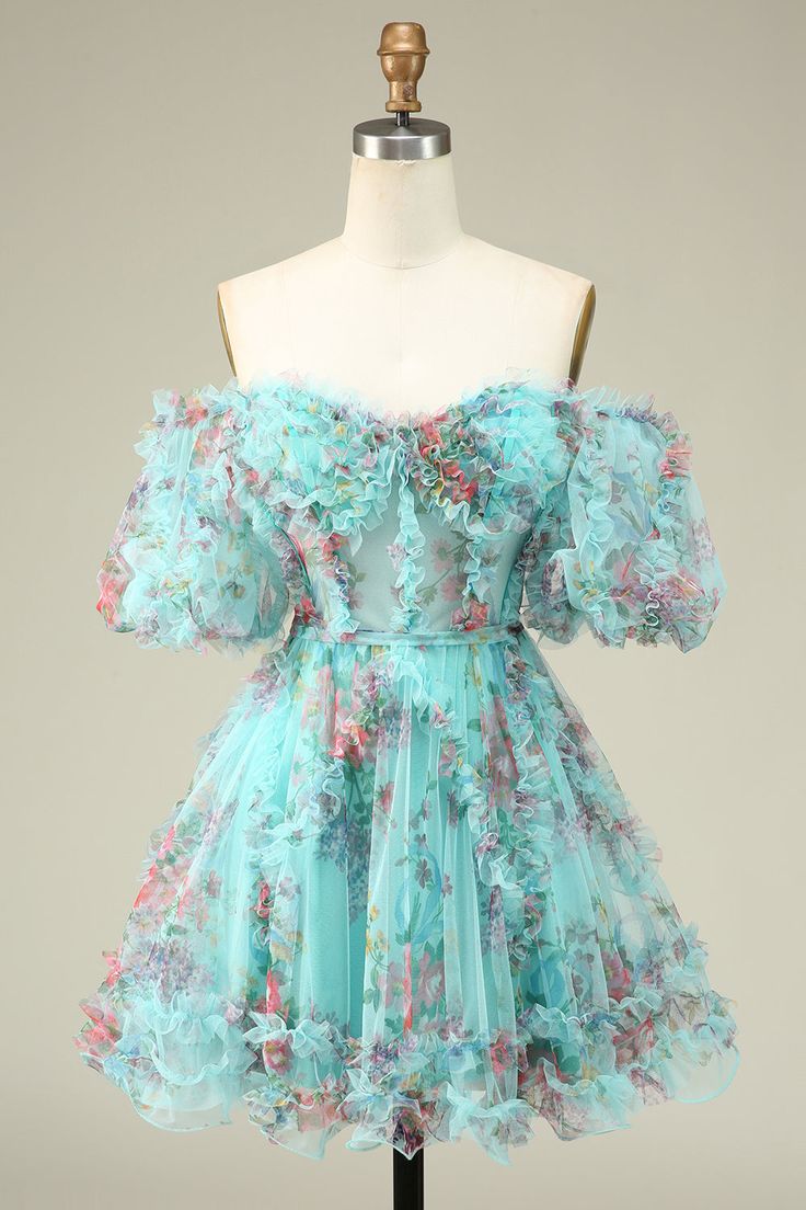 Mint Green Short Sleeves A-Line Floral Tulle Homecoming Dresses